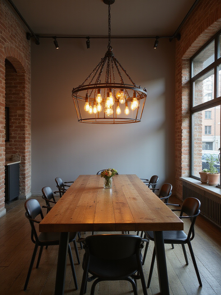 Industrial-chic dining room featuring a cage chandelier with exposed Edison bulbs above a wooden dining table.