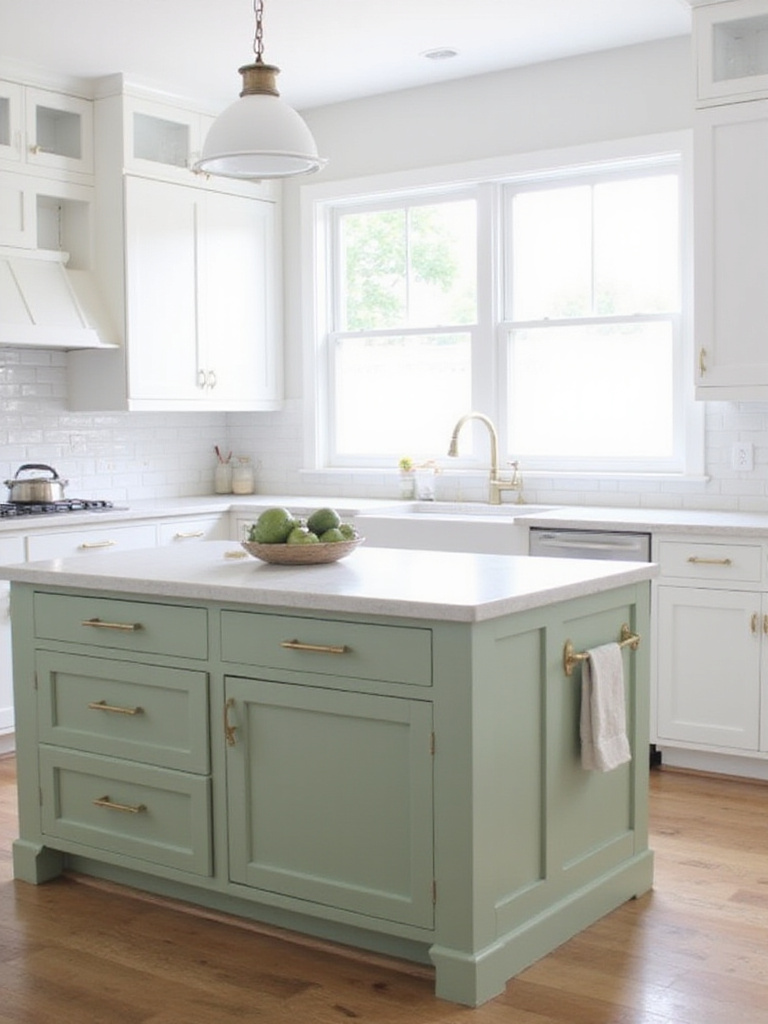 Sage green kitchen island with white cabinets and quartz countertop