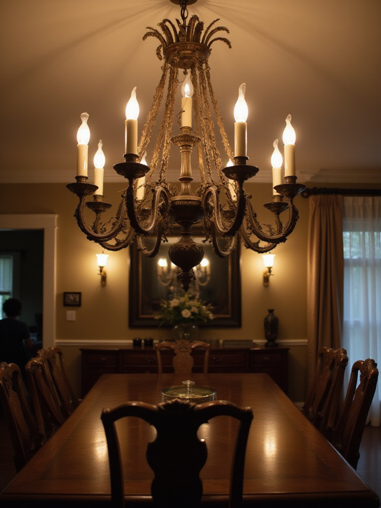 Elegant dining room featuring a traditional candle-style chandelier.