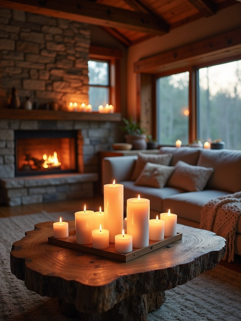 Cozy rustic living room with candlelight ambiance, featuring pillar candles on a reclaimed wood coffee table.