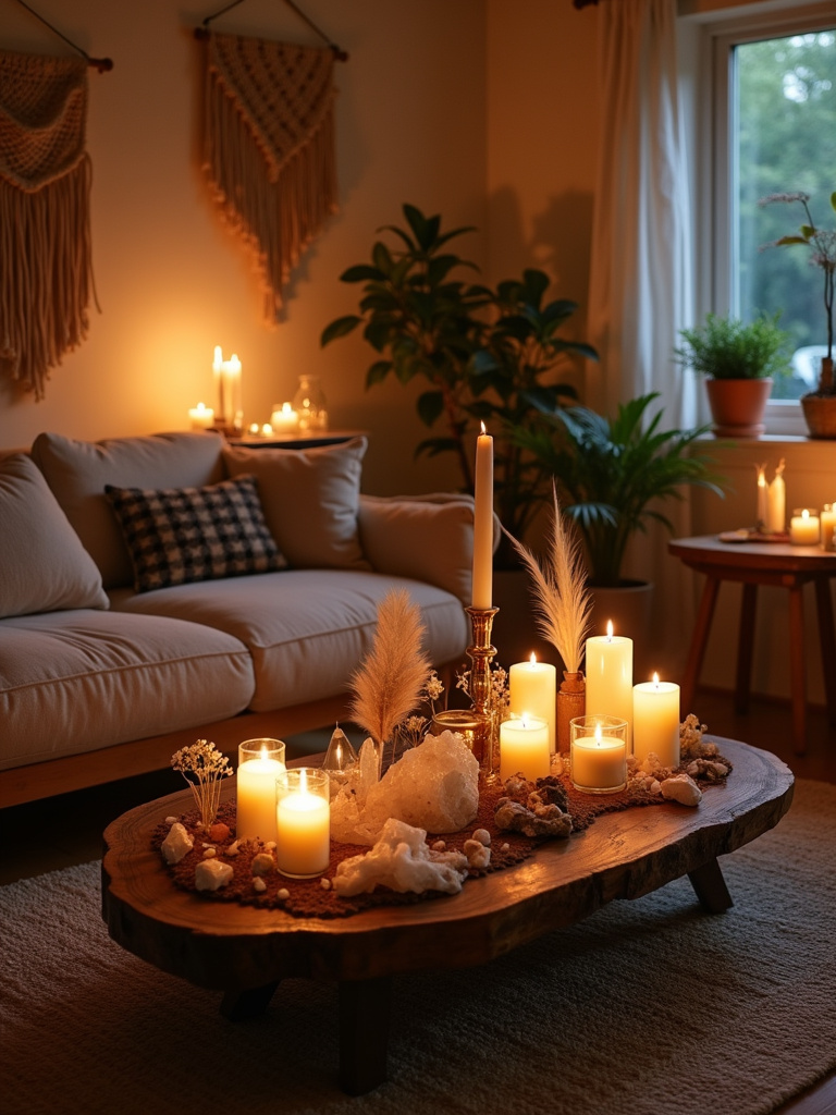 Boho living room illuminated by candlelight, creating a warm and inviting atmosphere.