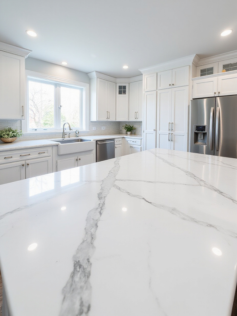 White shaker cabinets paired with Carrara marble countertops in a modern kitchen.