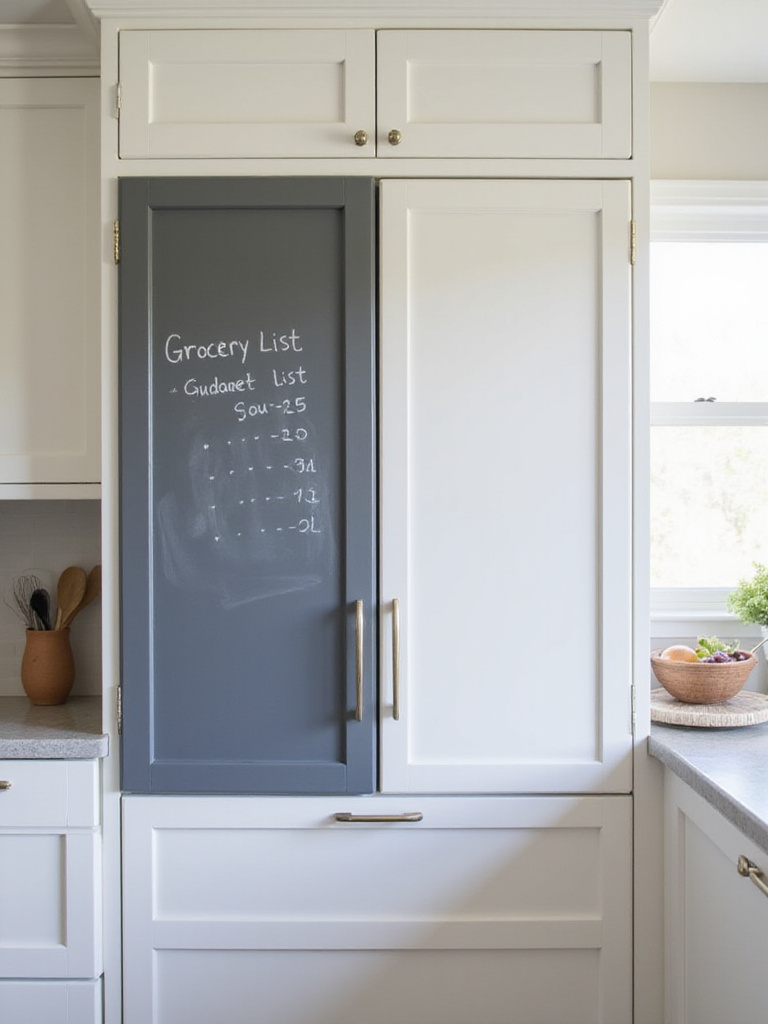 Chalkboard cabinet door with grocery list in modern white kitchen
