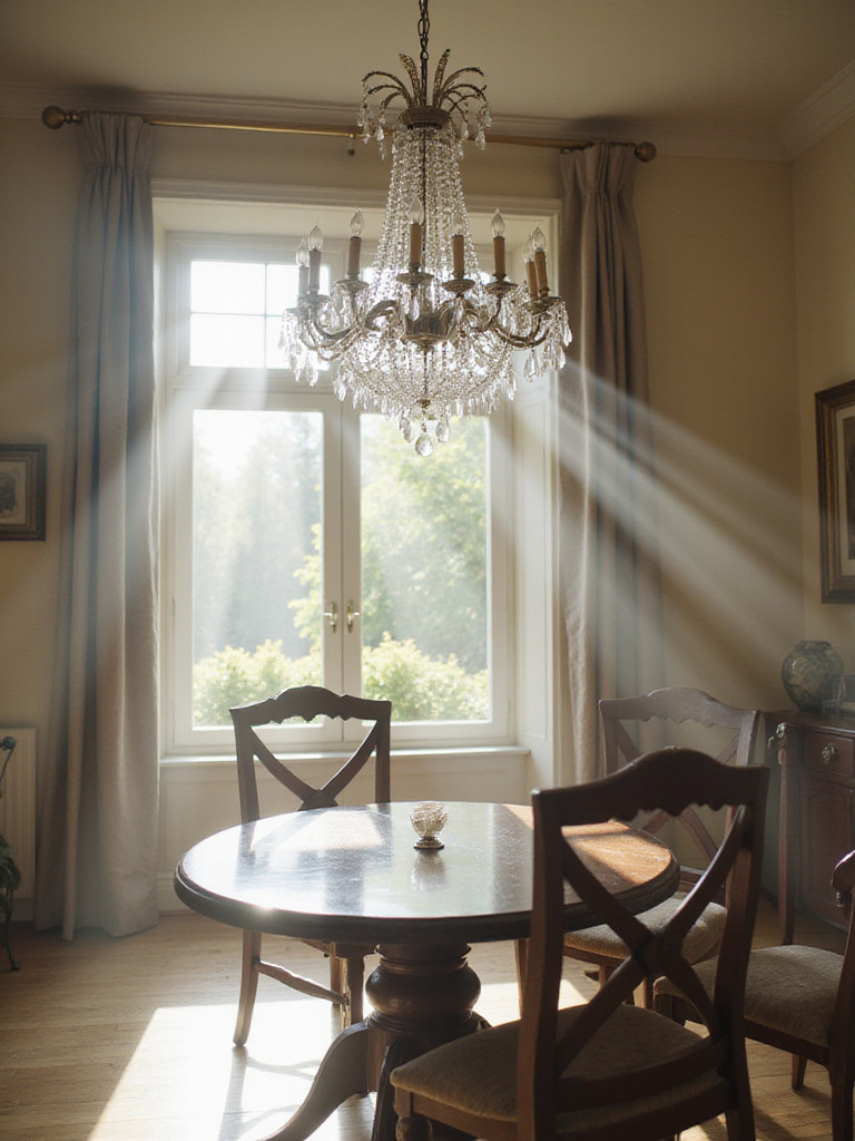 Sparkling crystal chandelier hanging above a dining table, illuminated by natural light, demonstrating meticulous cleaning and maintenance.