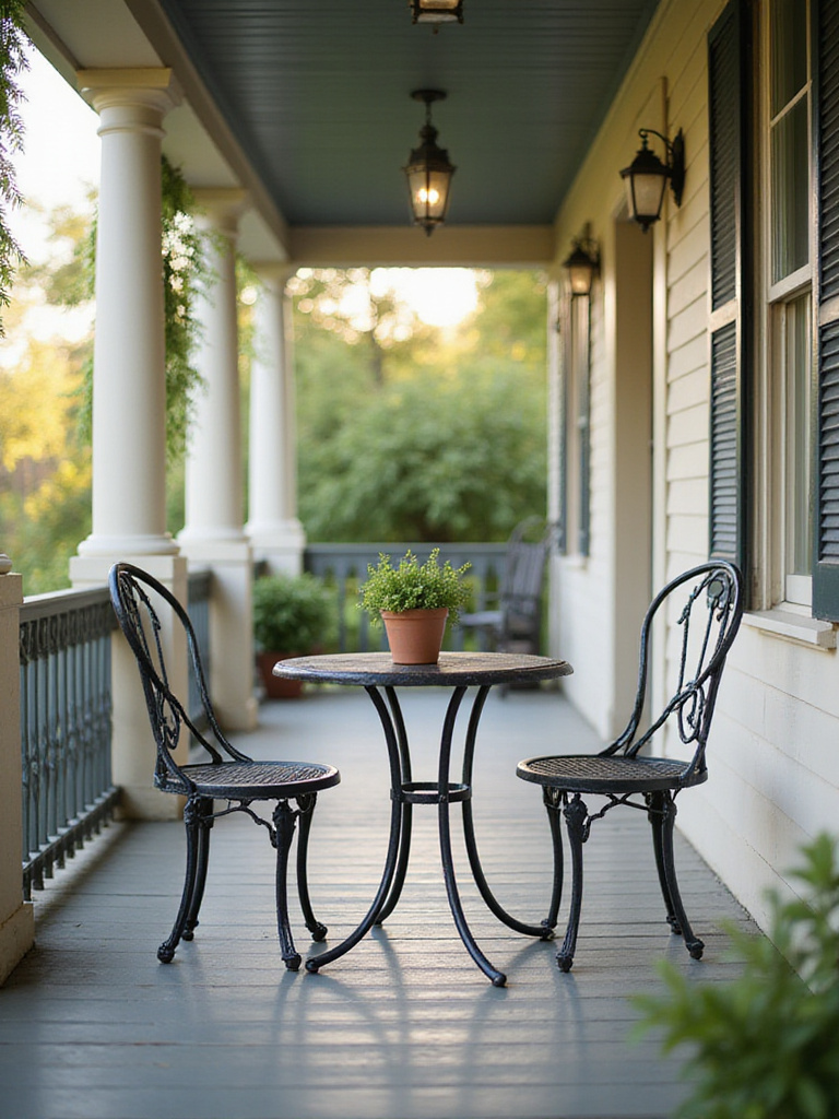 Charming wrought iron bistro set on a covered front porch.