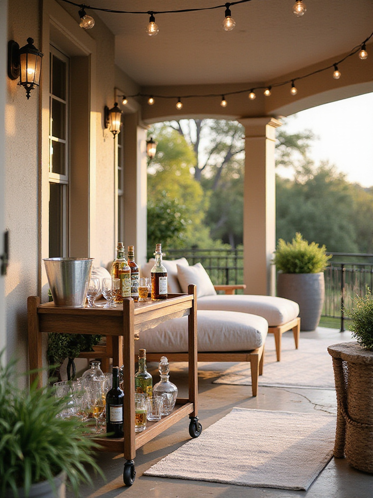 Chic teak and metal outdoor bar cart on a stylish covered porch.
