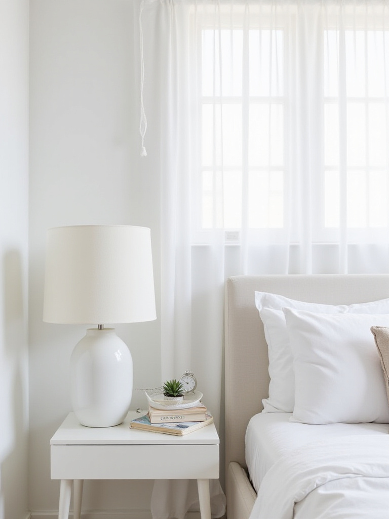 Serene white bedroom featuring matching white nightstands with stylish bedside decor.