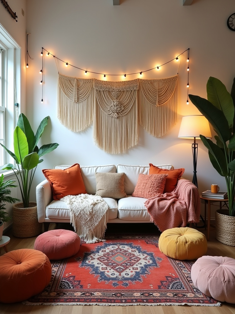Boho living room with low seating area featuring floor cushions, poufs, and a textured rug.