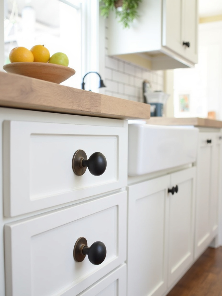 Farmhouse kitchen cabinets with oil-rubbed bronze cup pulls and matte black knobs.