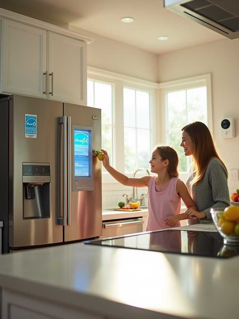 Modern kitchen with energy-efficient appliances, including an Energy Star refrigerator and induction cooktop, promoting sustainability and saving energy