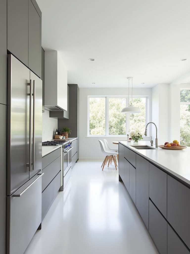 Modern kitchen with handleless gray cabinets and integrated J-pull handles.