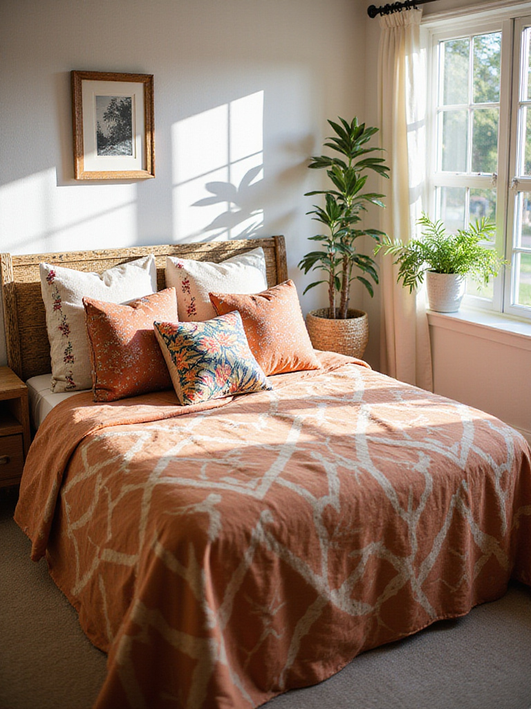 Boho bedroom with patterned geometric bedding, floral throw pillows, and natural light.
