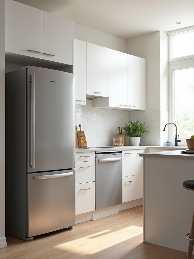 Apartment kitchen with slim-profile refrigerator and dishwasher maximizing counter space.