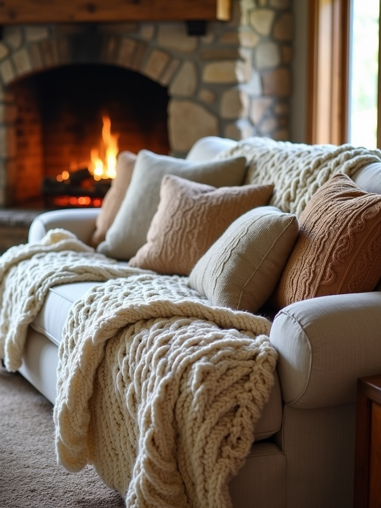 Rustic living room with chunky knit throw and pillows on sofa.