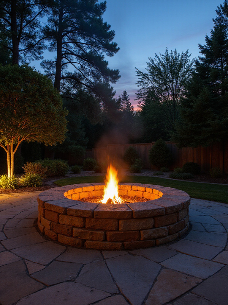 Classic circular stone firepit in backyard setting at dusk.