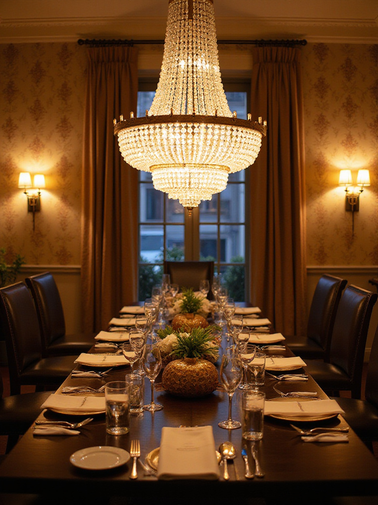 Elegant dining room with a classic crystal chandelier illuminating a formal dinner setting.