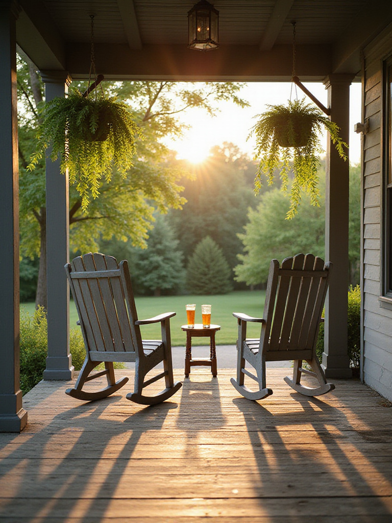 Two classic grey rocking chairs on a peaceful, inviting porch.