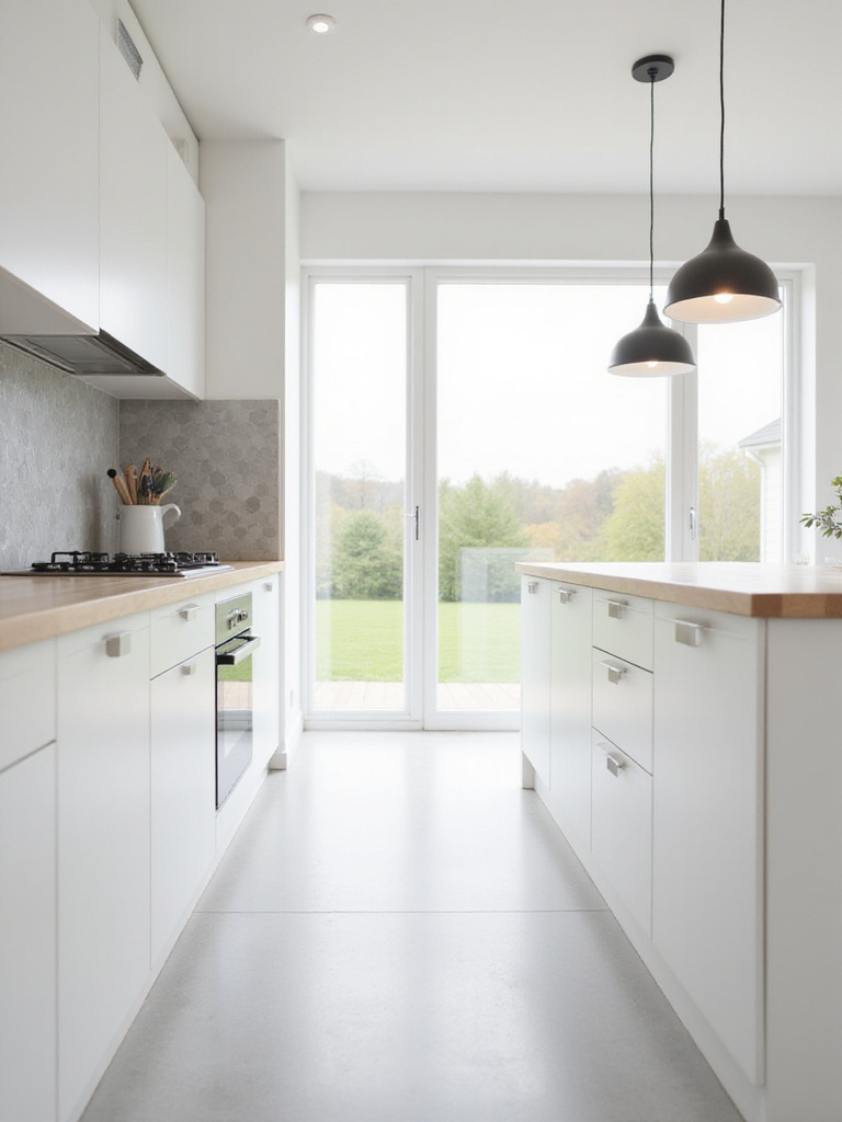 Scandinavian kitchen with clean lines and geometric shapes featuring white slab-front cabinets and hexagonal backsplash.