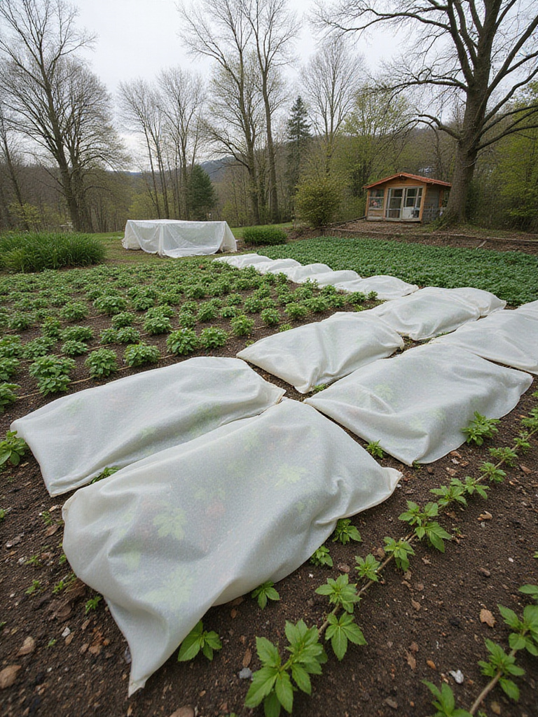 Vegetable garden showcasing row covers and a greenhouse for climate control and season extension.