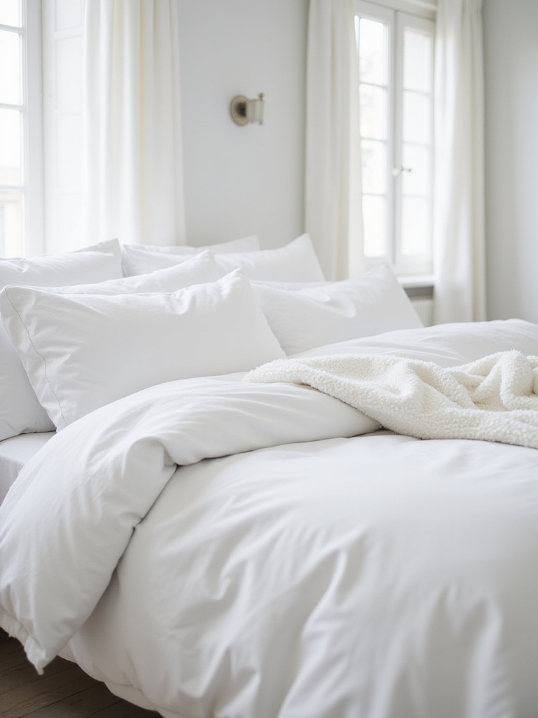 Luxurious white bedding creating a cloud-like comfort in a serene bedroom sanctuary.
