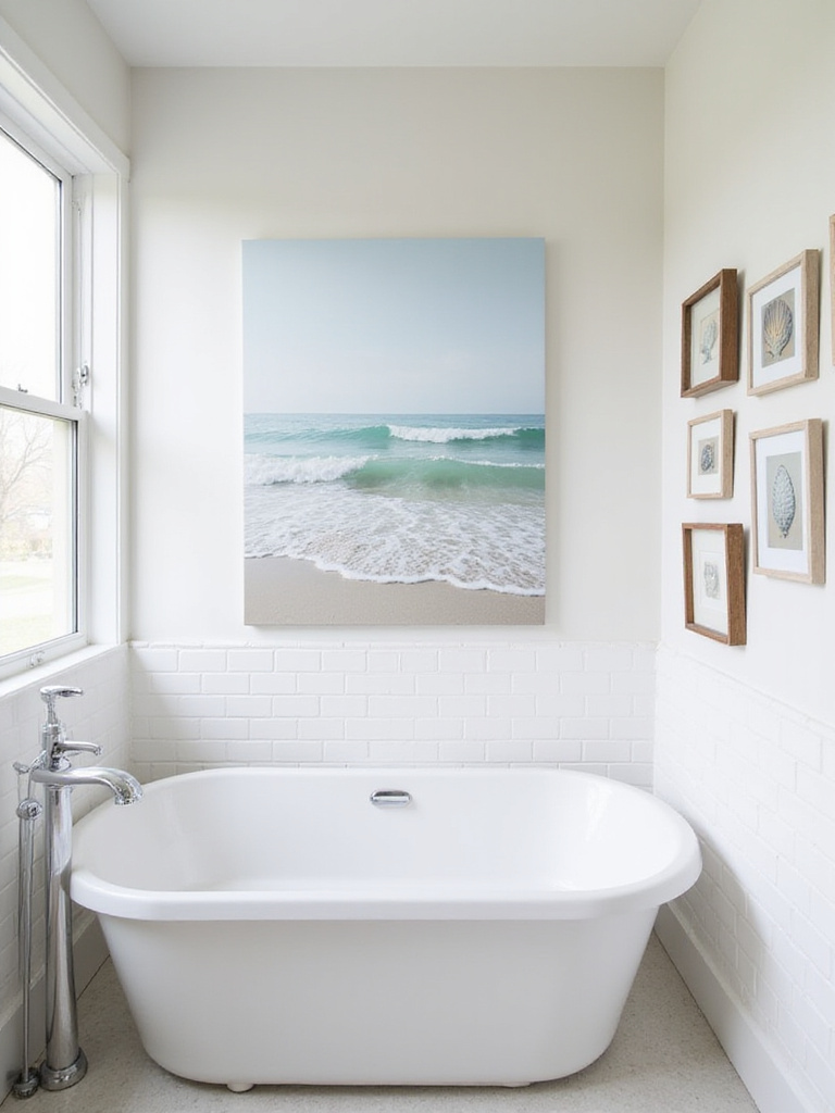 Bathroom with coastal art including seascape canvas and seashell prints