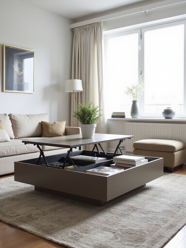 Modern apartment living room featuring a lift-top coffee table with storage, maximizing space and style.