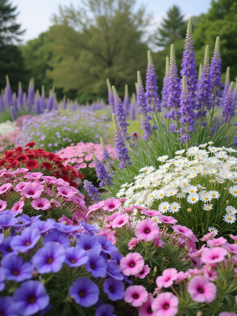 Harmonious flower garden with purple, pink, and white blooms.