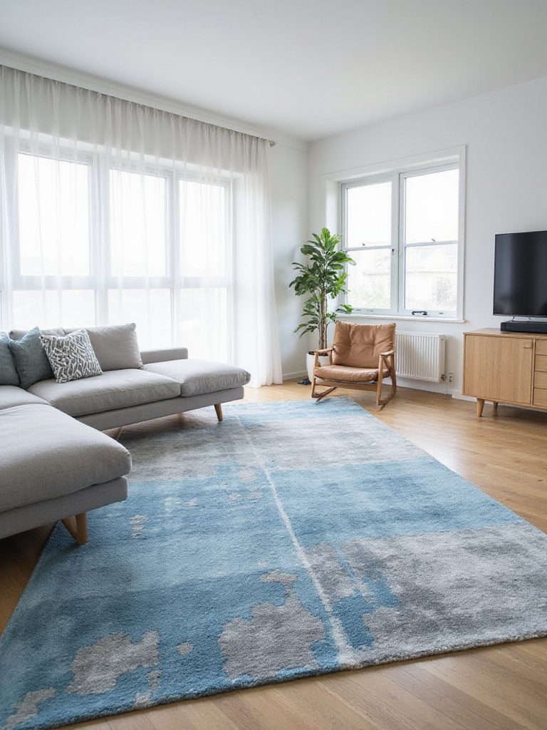Blue and Gray Rug Creating a Calming Atmosphere in a Modern Living Room