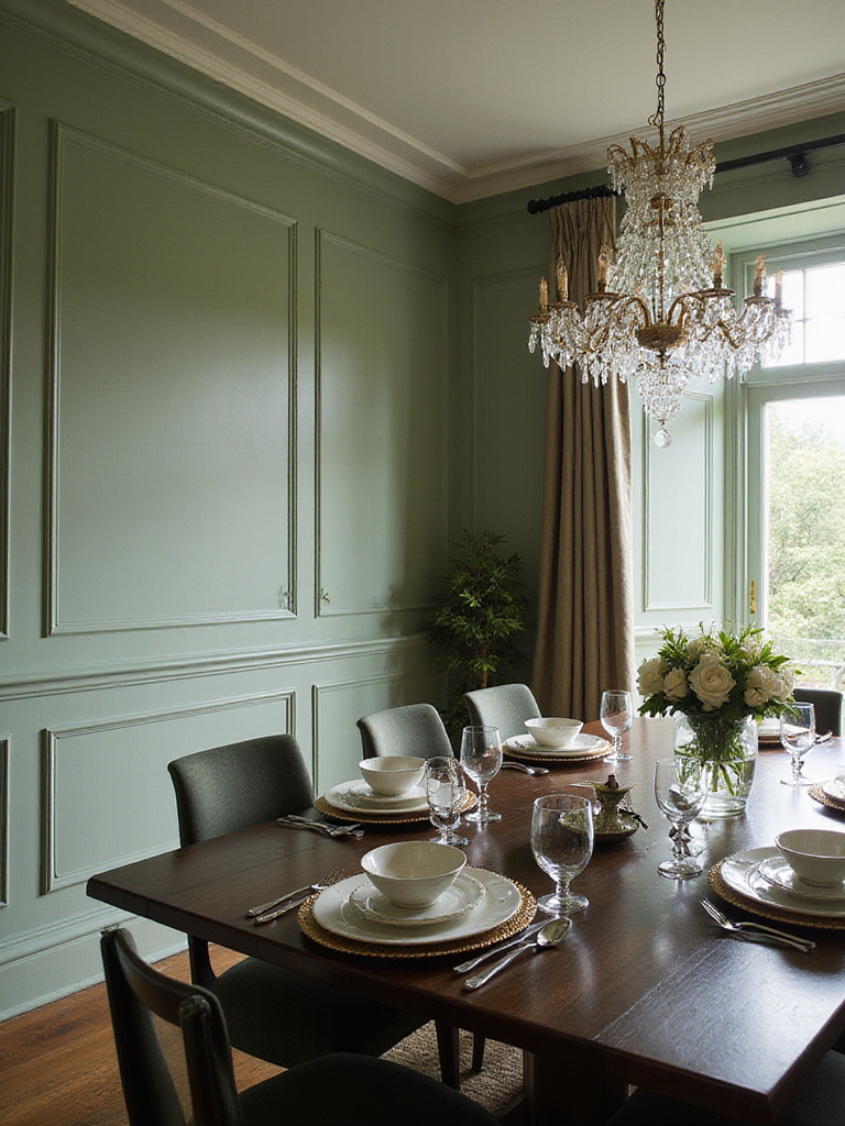 Dining room with sage green walls and elegant dark wood furniture.