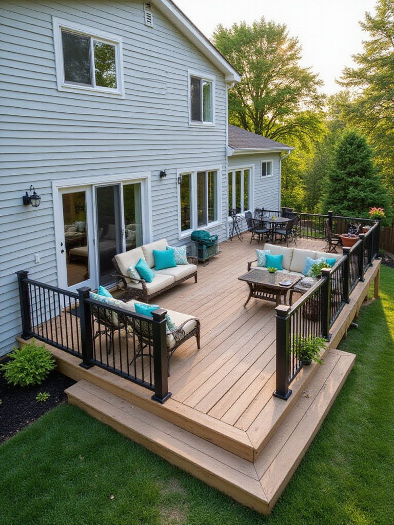 Modern deck with light wood stain and black railings complementing light grey siding and teal accents, blending seamlessly with the surrounding garden.