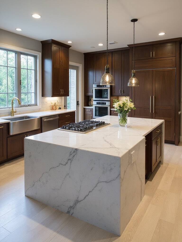 Luxury kitchen with a statement marble waterfall island and dark wood cabinetry.