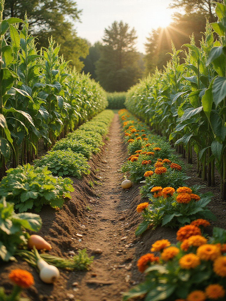 Thriving vegetable garden showcasing companion planting techniques, including corn, beans, squash, tomatoes, basil, carrots, onions, and marigolds.