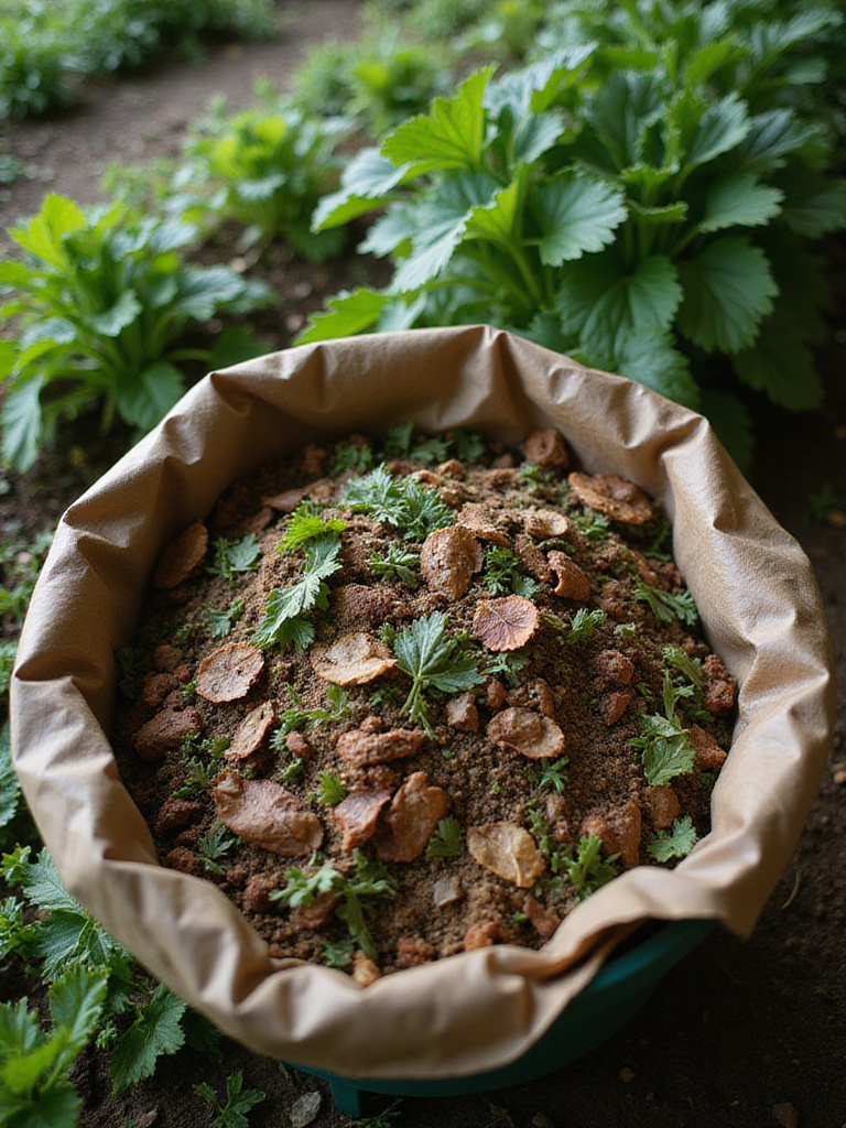Vegetable garden with a compost bin overflowing with organic materials, showcasing the connection between kitchen scraps and healthy plants.