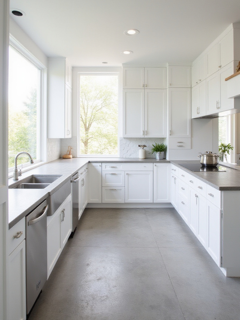 Modern kitchen with white cabinets and honed concrete countertops