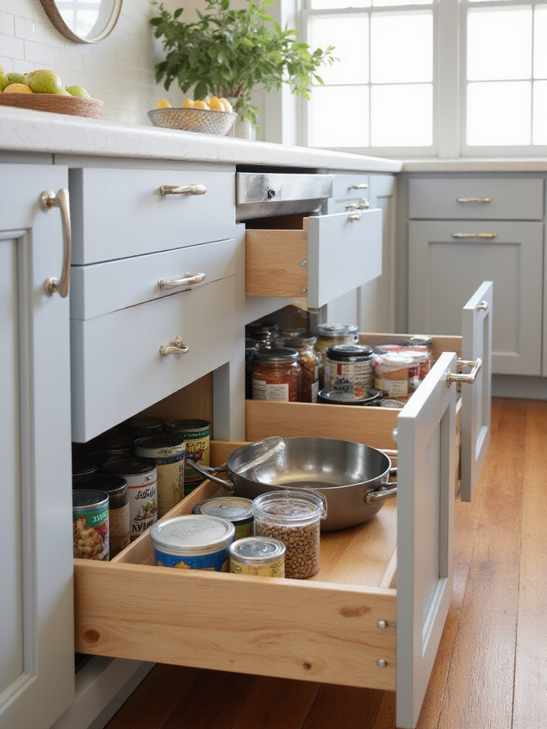 Kitchen base cabinets with pull-out drawers showcasing organized pots, pans, and canned goods.