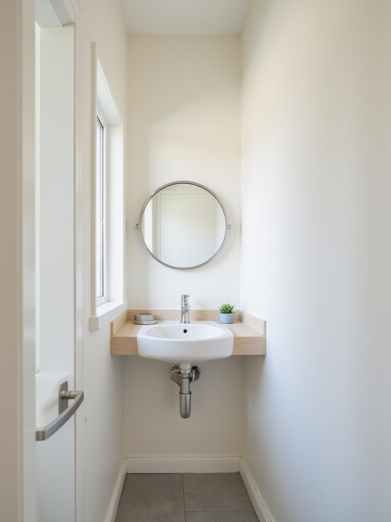 Corner sink in a small modern bathroom, maximizing space.