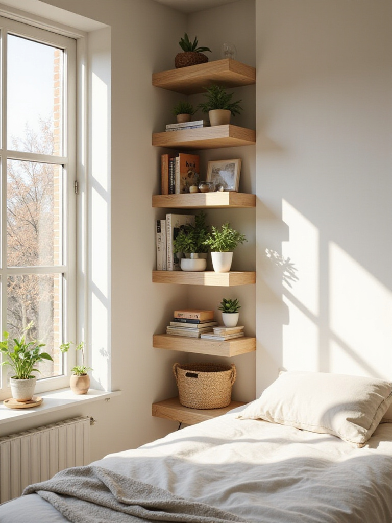 Small bedroom corner showcasing light wood floating shelves with books and plants.