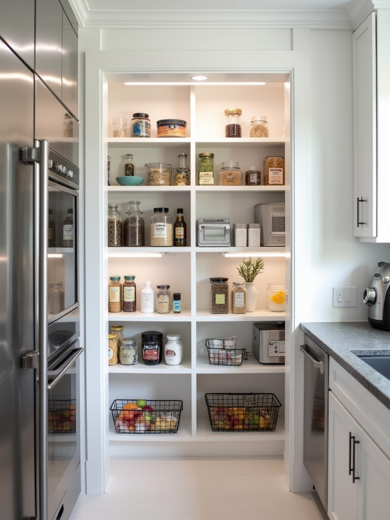 Modern kitchen renovation with walk-in pantry featuring organized shelves and bright lighting