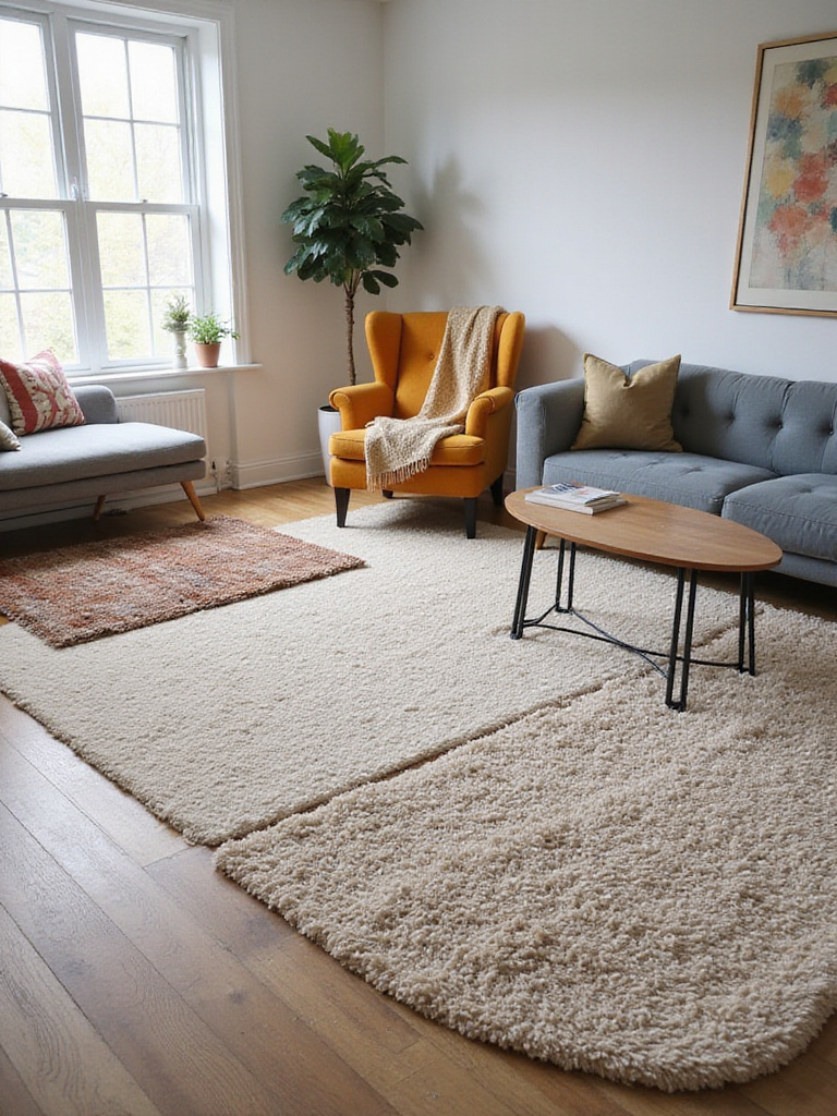 Living room interior showcasing low-pile, medium-pile, and high-pile rugs in different zones to illustrate varying functionality and style.
