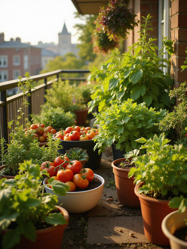 Thriving container vegetable garden on a sunny balcony.
