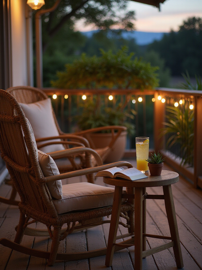 Porch with wicker rocking chair and teak side table holding lemonade, succulent, and book.