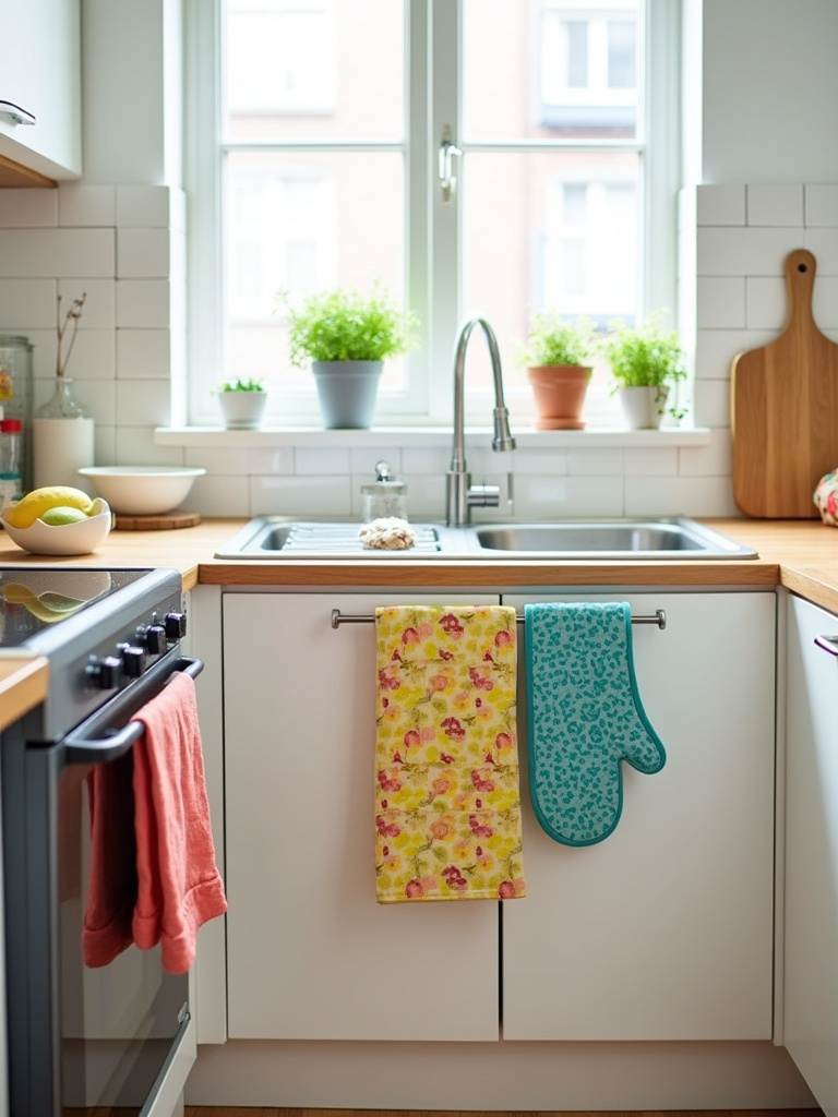 Stylish kitchen towels and textiles add a pop of color to a small apartment kitchen.