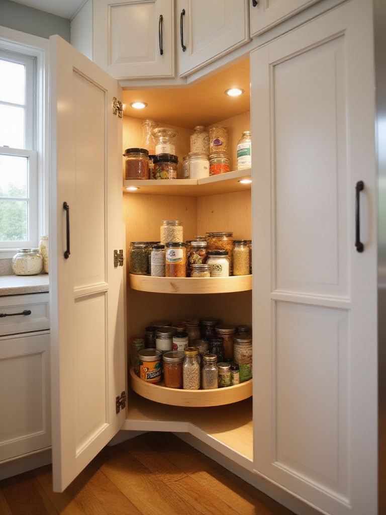 Corner kitchen cabinet with two-tiered Lazy Susan for organized storage