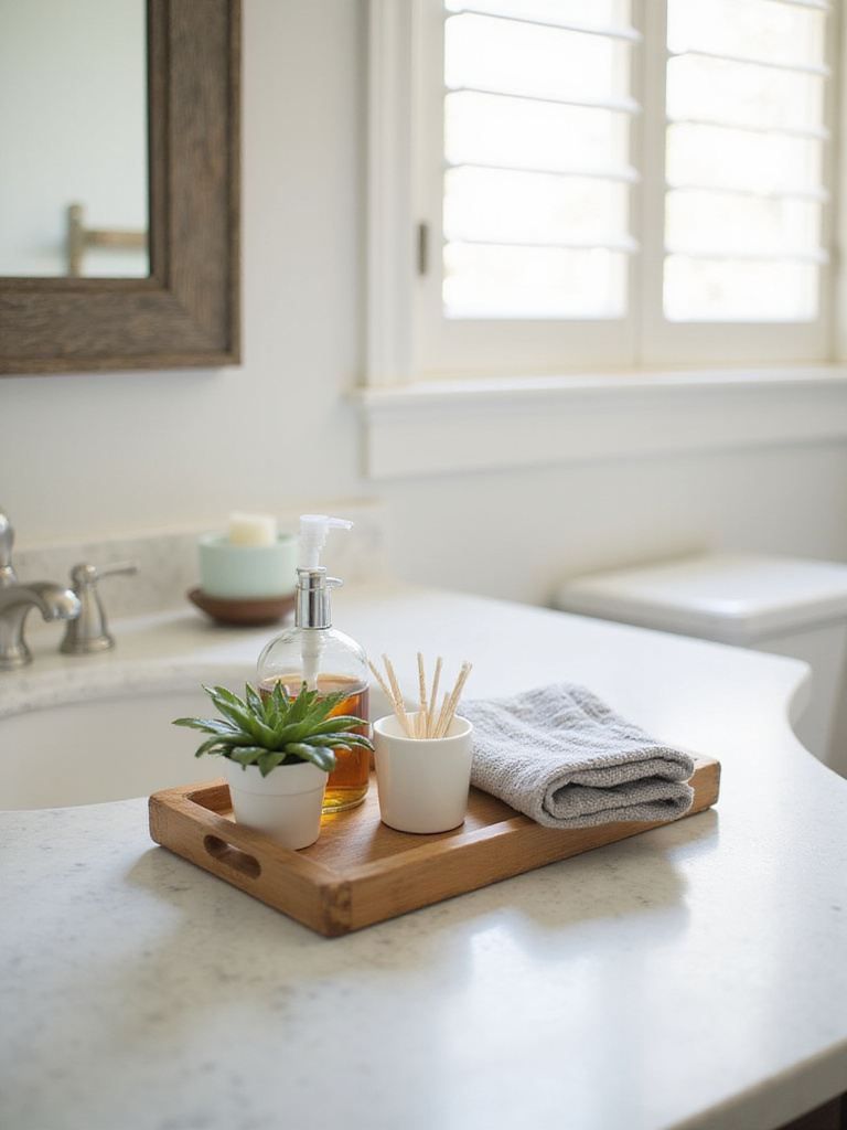 Organized bathroom countertop with wooden tray holding hand soap, succulent, cotton swabs, and hand towel.