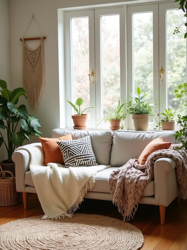 Boho living room with textured throw blankets draped on sofa for cozy relaxation
