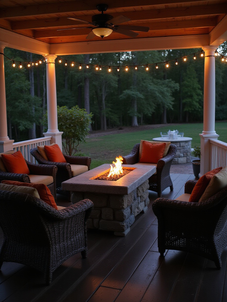 Cozy porch with a fire pit table surrounded by comfortable seating