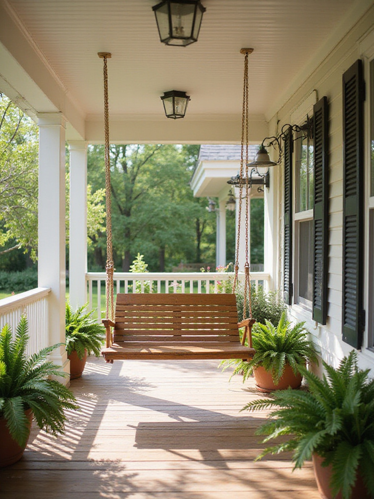 Inviting covered porch with empty wooden porch swing, potted plants, and dappled sunlight creating a relaxing outdoor space.