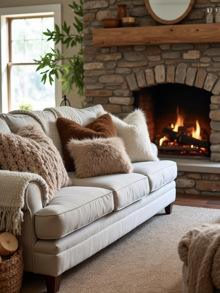 Rustic living room with cozy textures: chunky knit blanket, faux fur pillows, woven rug.