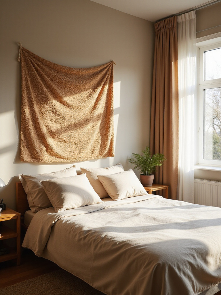 Cozy bedroom featuring a textured tapestry wall hanging.