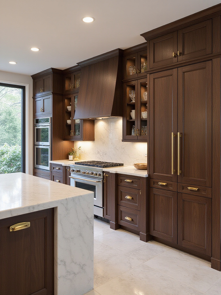 Luxury kitchen with custom walnut cabinetry and marble island.